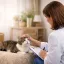 Vet stroking a tabby and white cat lying on a cushion while noting down her observations
