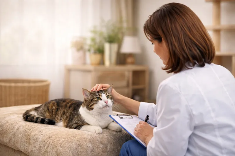 Vet stroking a tabby and white cat lying on a cushion while noting down her observations